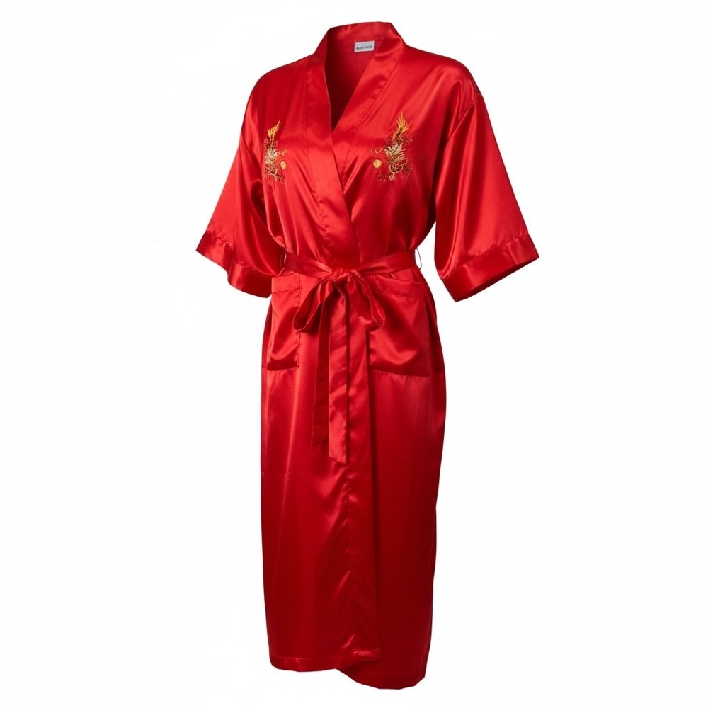 Vintage 100% Silk Red Embroidered Asian‎ Dragon Kimono Robe SZ L Y2K